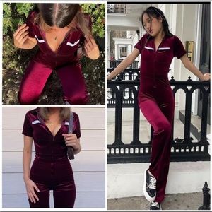 Suede burgundy and white flared leg jumpsuit